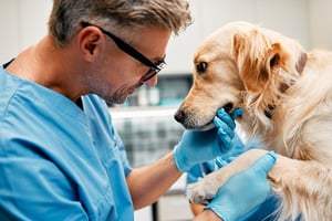 A vet examines a slightly sedated dog