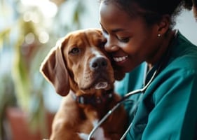 A smiling vet cuddles a dog while considering her veterinary career